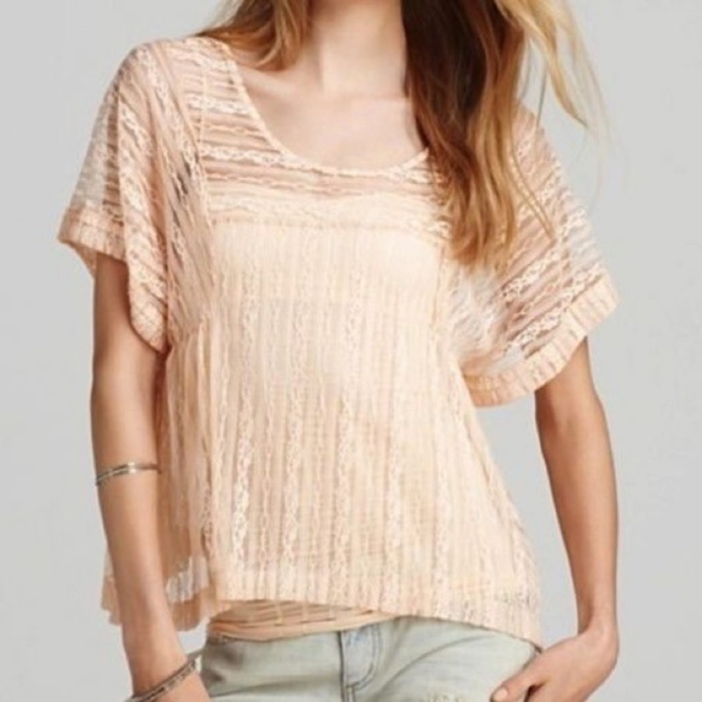 Free People Peach Lace Layered Short Sleeve Top